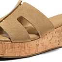 Coutgo Women's Platform Wedge Sandals Open Toe Slip On Slides Cork Heeled Cutout Comfortable Summer Shoes, Coffee, Size 6