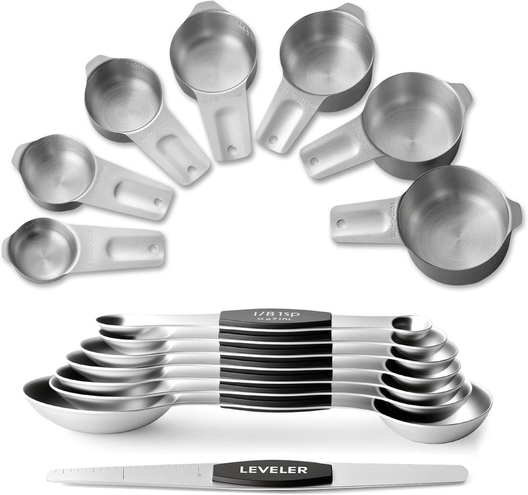 Stainless Steel Measuring Cups & Spoons Set, EWFEN Kitchen Tools Nesting Measuring Cups and Spoons, Fits in Spice Jars for Baking & Cooking, BPA Free, Set of 15 with Leveler, Black