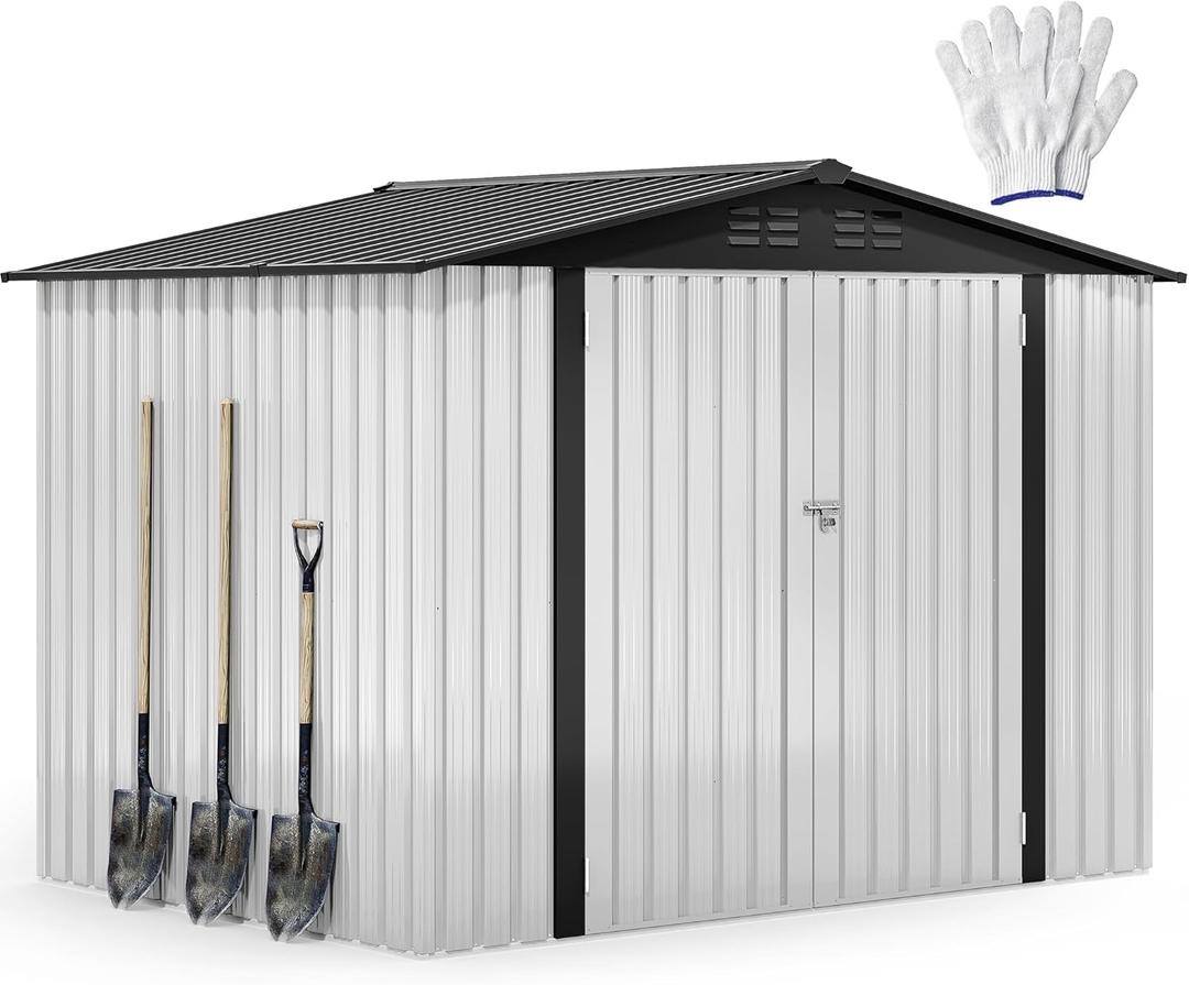 DWVO 8x6ft Metal Outdoor Storage Shed, Waterproof Tool Shed Heavy-Duty Storage Unit with Lockable Door and Vents, Ideal for Bicycles, Tools, Lawnmowers, Backyards, Patios, Lawns - White