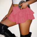 Women's Sequin Glitter Booty Shorts Layered Ruffle Sparkly Skirts High Waisted Club Party Rave Cheeky Skorts (Pink)