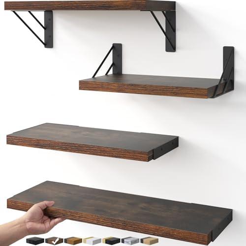 BAYKA Wall Shelves for Bedroom Decor, Floating Wall Shelves for Living Room Kitchen Storage, Wall Mounted Rustic Wood Floating Shelves for Kids Books, Corner Shelf for Bathroom(Rustic Brown，Set of 4)