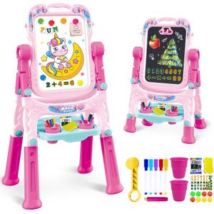 Art Easel for Kids - Adjustable Double-Sided Rotatable Magnetic White Board with Painting Accessories, Preschool Learning Toy for Girls 3-5 Years Old,Ideal Christmas Birthday Gift (Pink)