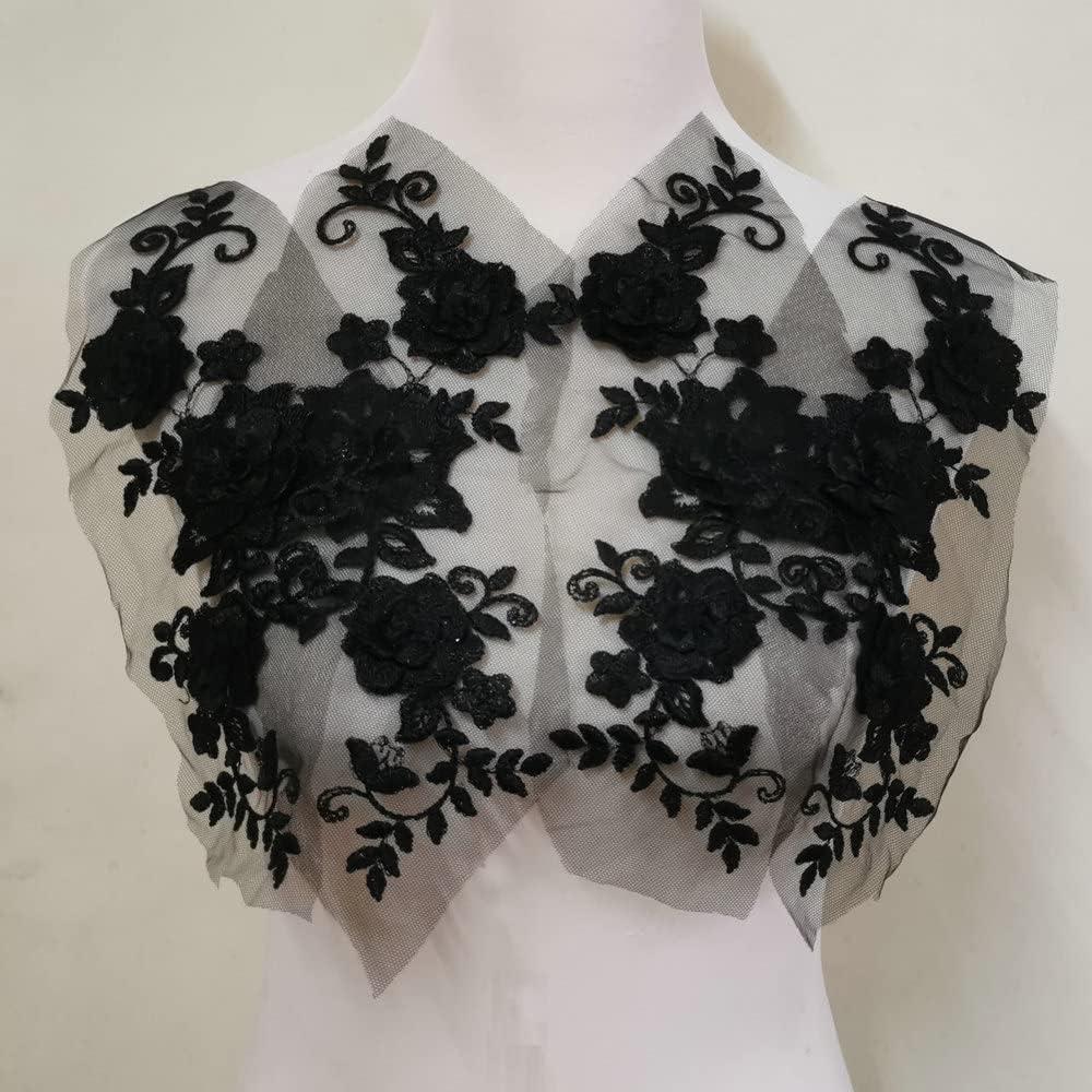 2 Pair 29x13cm Red/Pink/Purple/Sky Blue Wedding Dress Lace Shirt Accessories Embroidery Lace Garment Design DIY Accessories (Black)