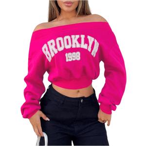 SOLY HUX Women's Letter Graphic Sweatshirt Off Shoulder Long Sleeve Cropped Pullover Top HotPink Letter Small (Pink, S)