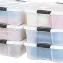 IRIS USA 27 Qt Stackable Plastic Storage Bins with Lids, 6 Pack - BPA-Free, Made in USA - Discreet Organizing Solution, Latches, Durable Nestable Containers, Secure Pull Handle - Pearl