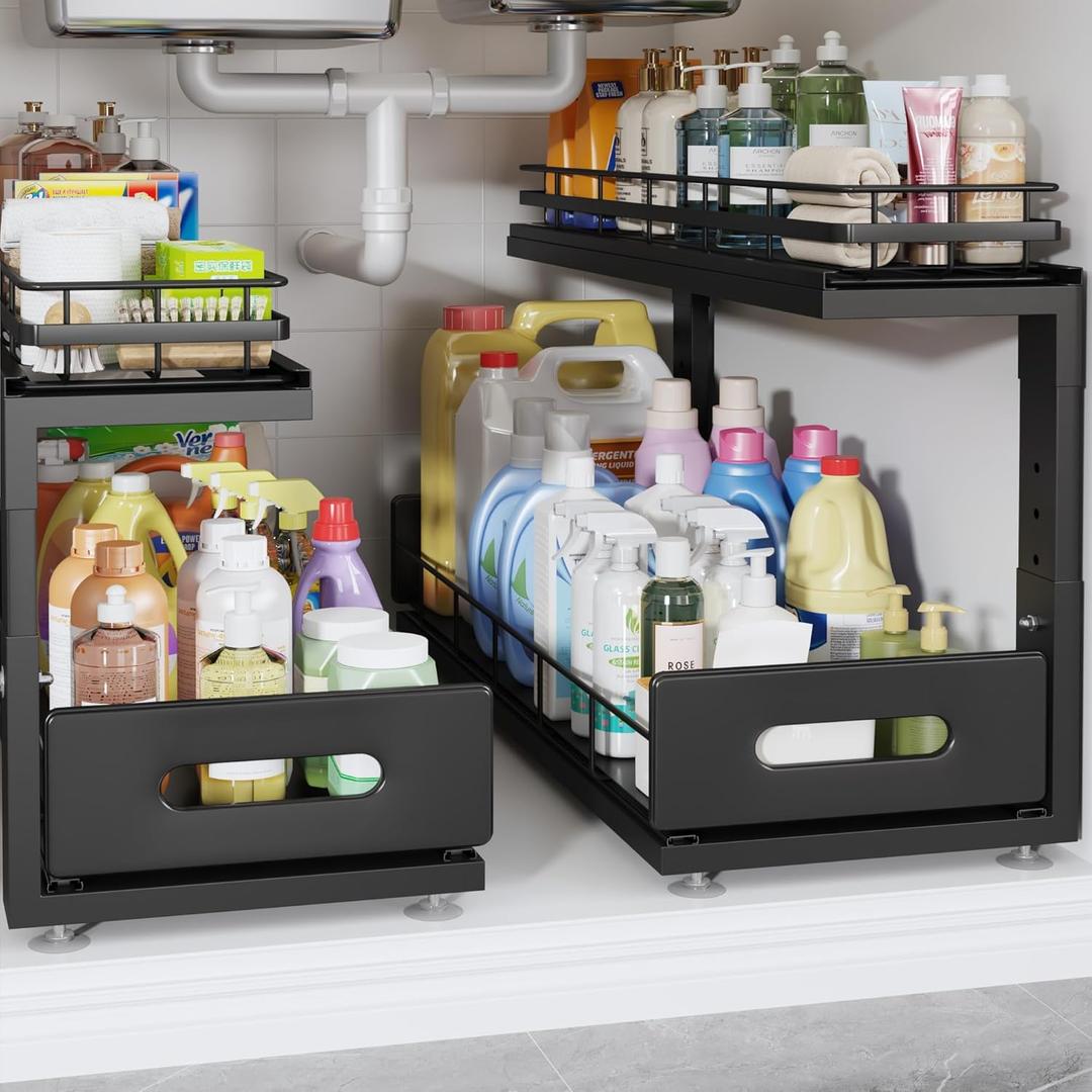 Under Sink Organizer Upgrade To Professional Rails,2-Tier Dual Pull Out Cabinet Storage,Height Adjustable Slide Out Drawers For Bathroom Kitchen,2 Pack-21"Dx12.8"-16.9"H,Black