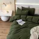 JIYUAN Queen Size Duvet Cover Set, 3-Piece - 100% Washed Cotton, Linen-Like Soft & Breathable with Zipper Closure, Includes 90x90 Inch Cover & 2 Pillowcases, Solid Olive Green