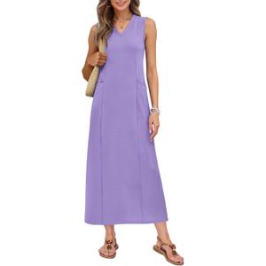 MISFAY Women's Sleeveless V Neck Maxi Dress with Pockets Vacation Outfit | Breathable Air-Layer Rayon Blend, Wrinkle Resistant, Back Slit, Loose Fit, Formal Outfits, Wedding Guest, Machine Washable (Purple, L)