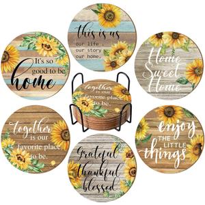 6PCS Coaster Set - Vintage Ottoman Floral Design, Absorbent Round Coasters with Cork Base and Metal Holder, Sunflower