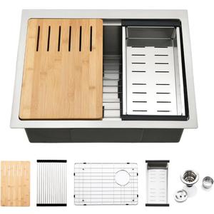 23 Inch Undermount Kitchen Sink Workstation - SZBAQTM 23x18 Inch Undermount Sink Stainless Steel Single Bowl 10'' Deep Handmade Kitchen sink with Cutting Board& Strainer