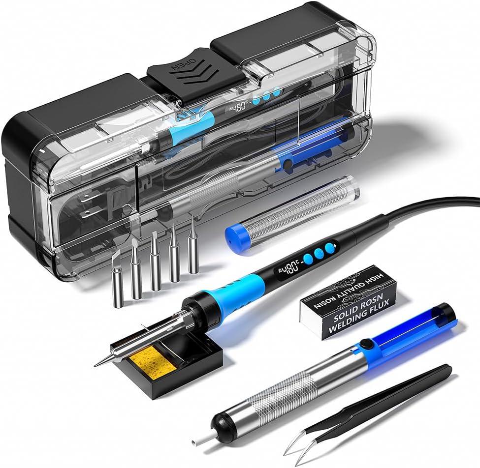 Soldering Iron Kit, 90W 110V LCD digital soldering gun12-in-1 Soldering Iron Kit ToolTemperature adjustable from 180-480C5 soldering tipssoldering wiresoldering pastesoldering pump