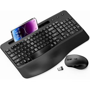 Wireless Keyboard and Mouse Ergonomic Combo, Moojay 2.4G Rechargable Full-Sized Quiet Wave Keyboard Silent Mice Set with Wrist Rest and Phone Holder for Computer, Laptop, PC, Mac, Windows - Black