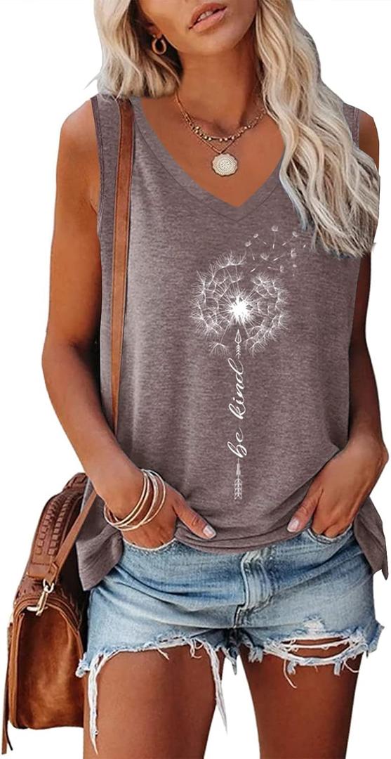 ETCYY Womens Summer Tops Sexy Tie Dye V Neck Tank Top Loose Fit Cute Printed Workout Sleeveless T Shirts (Print Dandelion Khaki) XL
