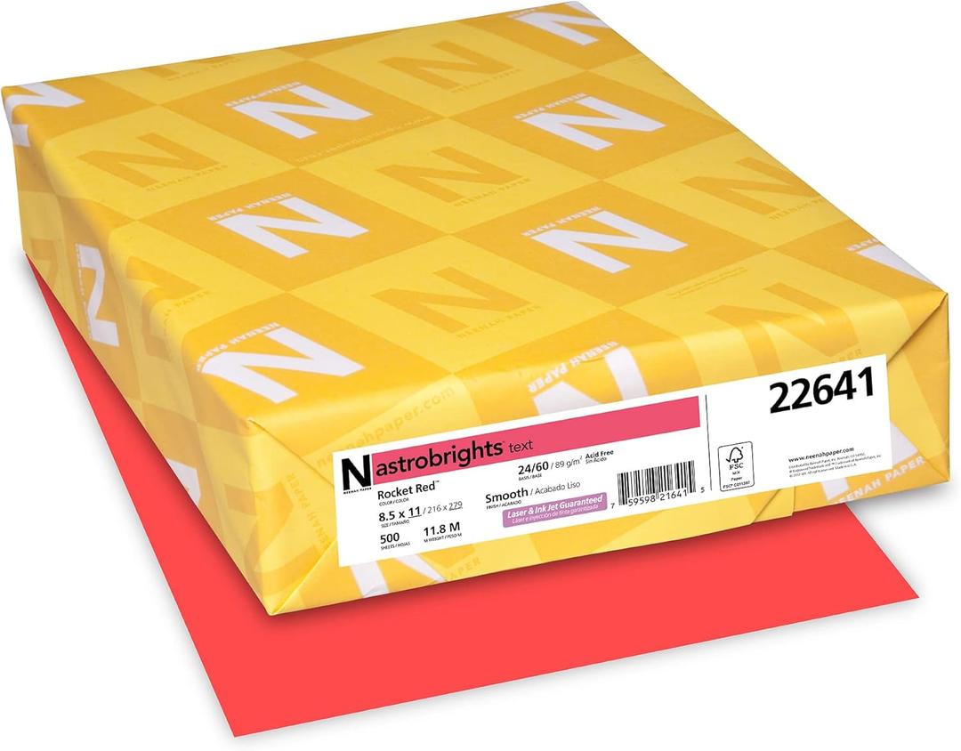 Neenah Astrobrights Bright Color Paper, Letter Size Paper, 24 Lb, FSC Certified, Rocket Red, Ream Of 500 Sheets (500 Count (Pack of 1))