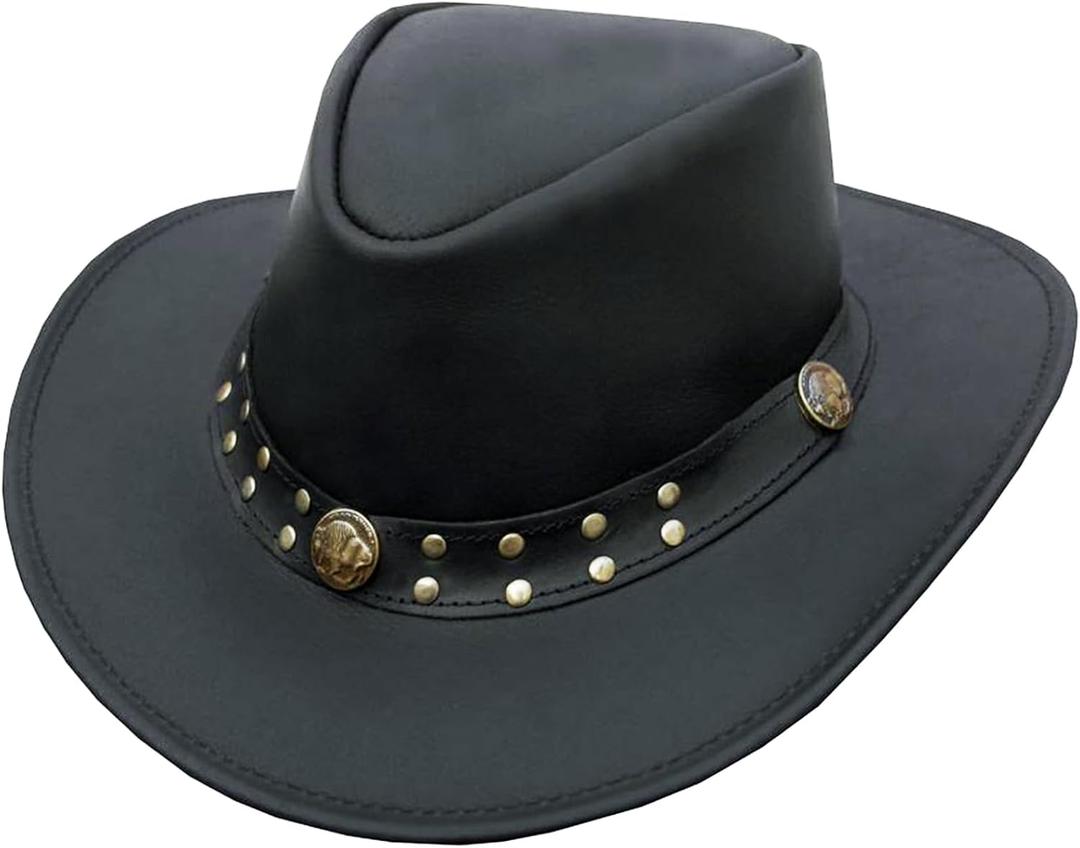 Leather Cowboy Hat for Men Women Western Australian Outback Hat with Shapeable Wide Brim, Aussie Style Leather Hat (Small, Black)