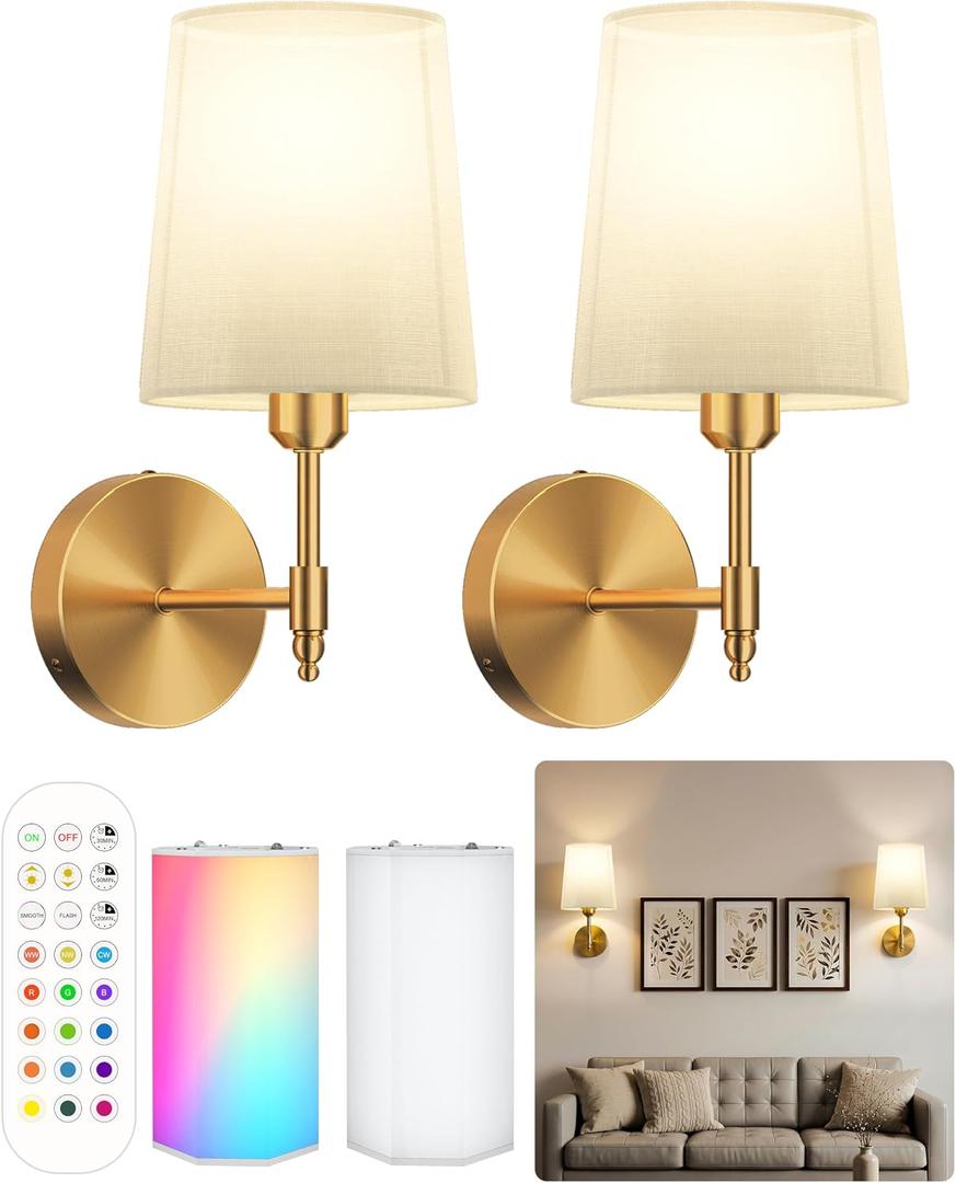 Ouyulong Battery Operated Wall Sconces Set of 2, Wireless Rechargeable Dimmable Wall Light with 15000mAh RGB Bulb and Remote for Bedroom