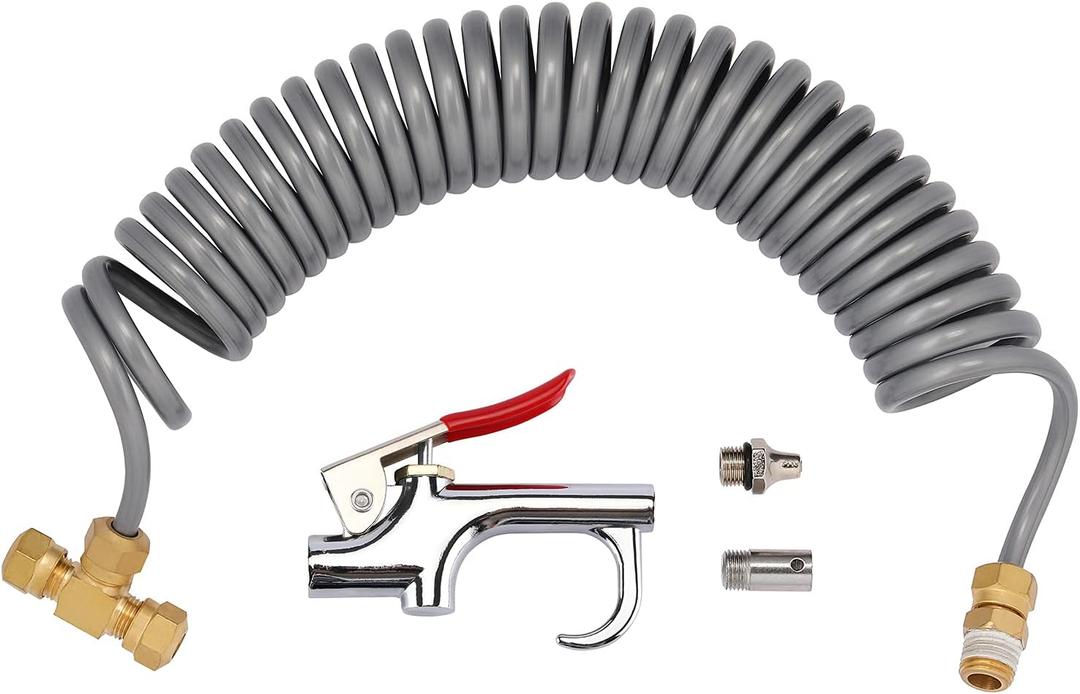 AIRTOON Heavy Duty Truck Air Seat Blow Gun Kit, Lever Air Blow Gun with 2 Nozzle Tips, 1/4 Inch NPT X 11.5 Feet Nylon Coil Air Hose. Air Duster Blow Gun, Dust Cleaner with Nozzles