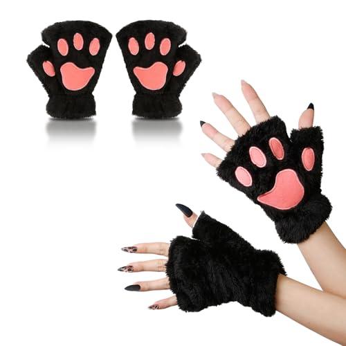 WOVOWOVO Cat Paw Fingerless Gloves for Women Girls Halloween Cute Black Kitty Cat Costume Cosplay Accessories Furry Bear Paws Claws Glove