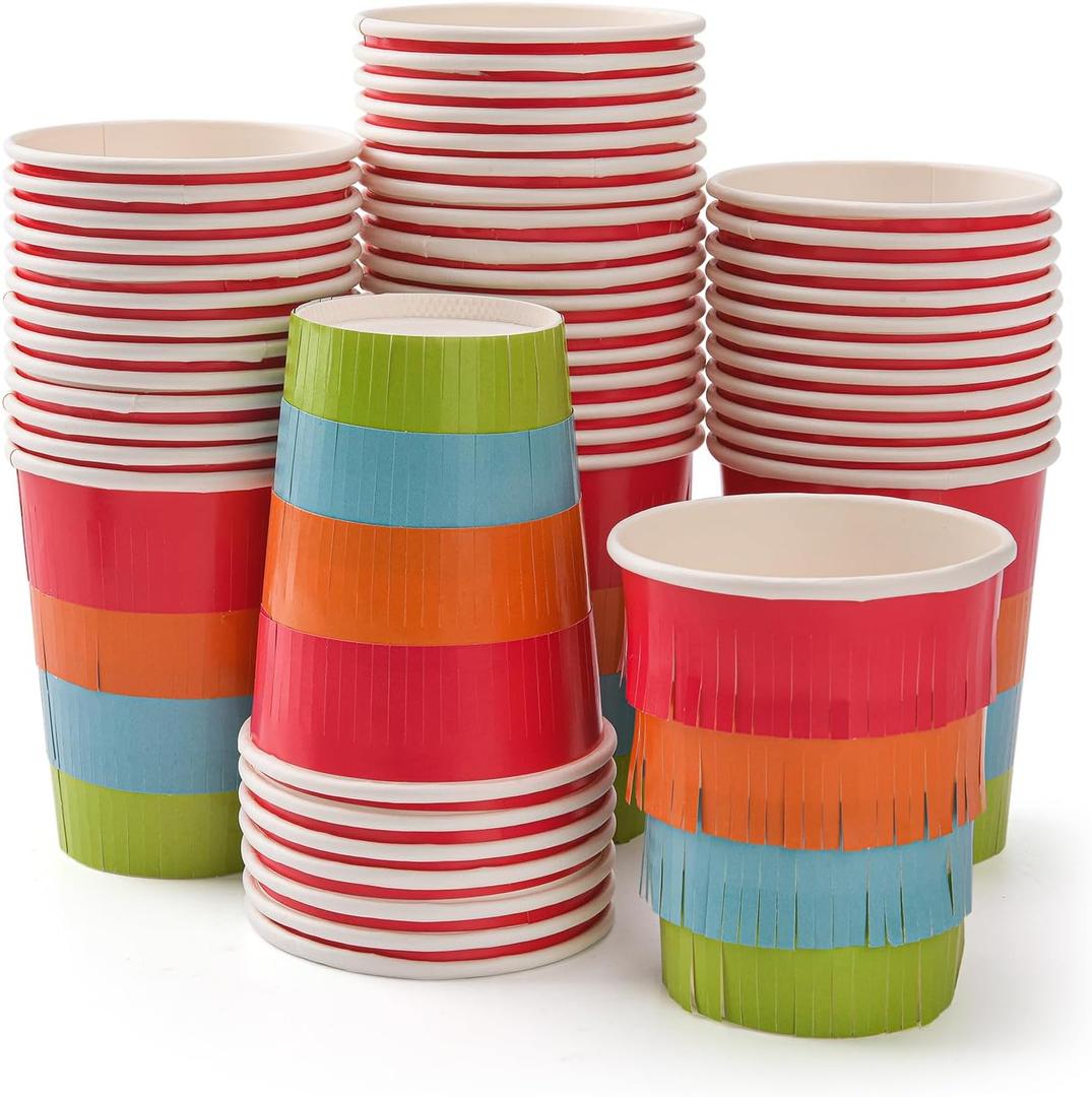 50 Pieces Mexican Fringe Paper Cups 9 Oz Fiesta Party Disposable Beverage Cups for Cinco De Mayo Tableware Mexican Party Decorations