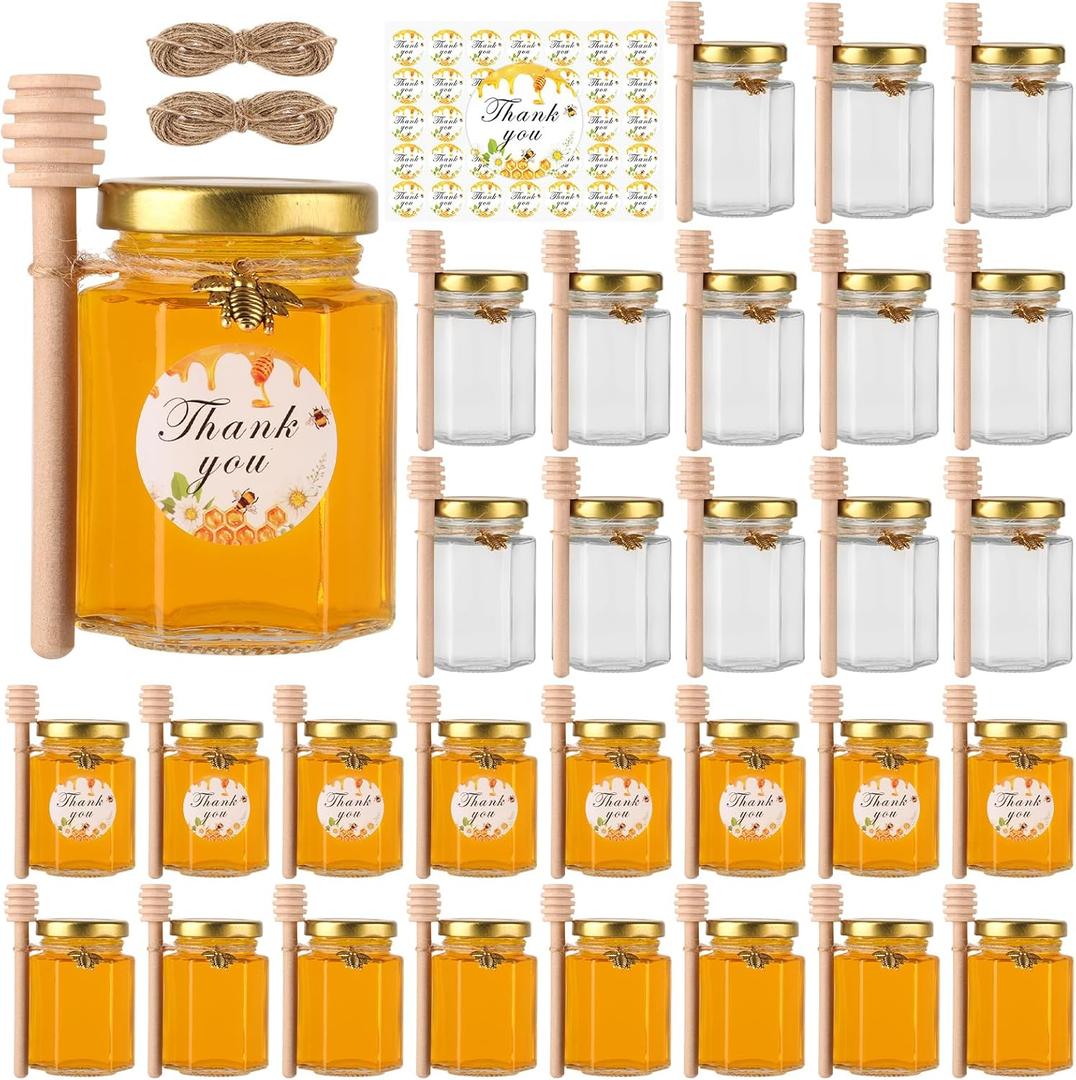 BIGIVACA 4 oz Hexagon Mini Glass Honey Jars with Wood Dippers, 30 Pack Small Honey Jars with Gold Lids, Bee Pendants, Jutes,35 Bee Stickers, Perfect for Baby Shower, Wedding Favors, Party Favors (4 oz-30 pack)