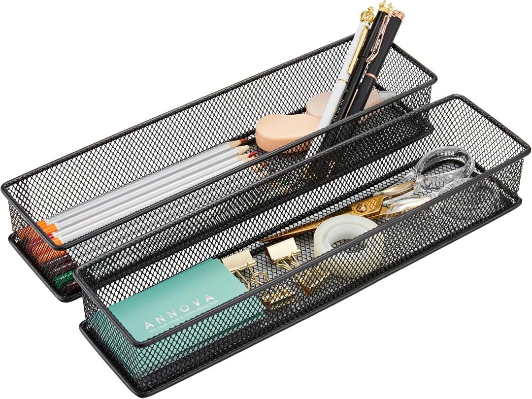 Annova Mesh Stackable Drawer Cabinet and Shelf Organizer Bins Storage Basket School Office Supply Holder Tray- Set of 2 (Black, 3x12x2 Inch)