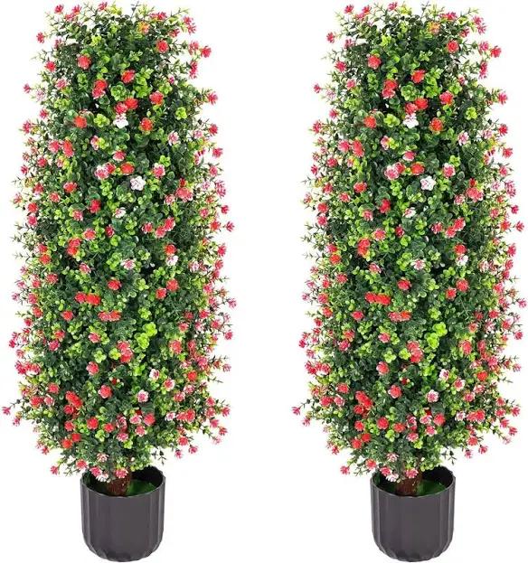 Sunnyglade 2 Pack Artificial Rose Tree - 3FT Fake Floral Plant in Pot - Decorative Topiary - Cement Filled Potted Faux Flower Plant for Home, Office, Porch, Indoor, Outdoor (Red) 