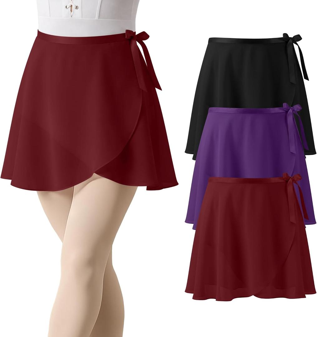 3 Pack Women's Ballet Wrap Skirts Ladies Sheer Chiffon Dance Skirt with Adjustable Waistband for Adult Gymnastics, Large