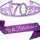Purple Tiara and Sash - Satin Sash and Crystal Rhinestone Birthday Crown for 70th Birthday Party Supplies, Favors, Decorations, Gifts, Cake Topper