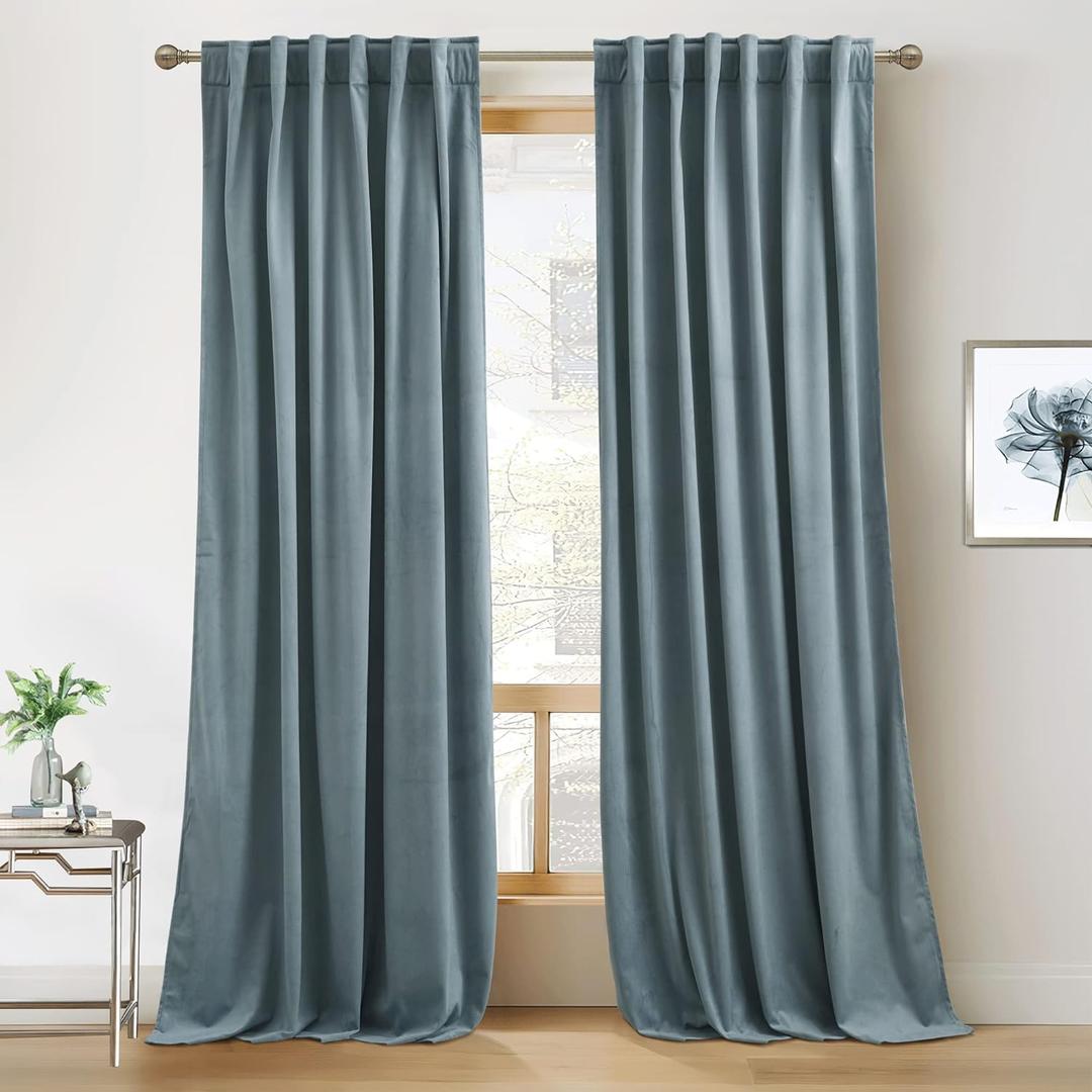 RYB Home Blue Velvet Curtains 96 inches - Blackout Curtains for Living Room, Thermal Insulated Noise Reducing Panels Soft Luxury Window Decor for Bedroom, Stone Blue, W52 x L96 inches, 2 Panels