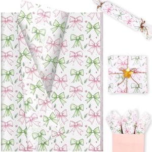 100 Sheets Pink Christmas Toile Tissue Paper, 20 x 14in Coquette Bows and Preppy Pine Cone Gift Wrap Paper for Christmas DIY Craft Winter Holidays Party Supplies (A)