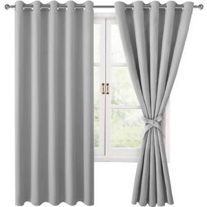Hiasan Blackout Curtains for Bedroom, 60 x 63 Inches Length - Thermal Insulated & Light Blocking Window Curtains for Living Room, 2 Drape Panels Sewn with Tiebacks, Silver Grey
