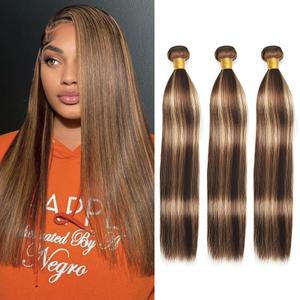 20 22 24 Inch Blonde Highlight Human Hair Bundles Straight Honey Blonde Hair Bundle Brazilian Virgin Bundles Straight Hair Weave for Black Women (Brown and Blonde,#P4/27)