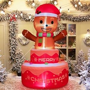 Double Couple 6FT Christmas Blow Ups Gingerbread Man on Cake Christmas Inflatable Outdoor Decoration Build-in LED Lights Inflatable Gingerbread Man for Garden Lawn Xmas Decor