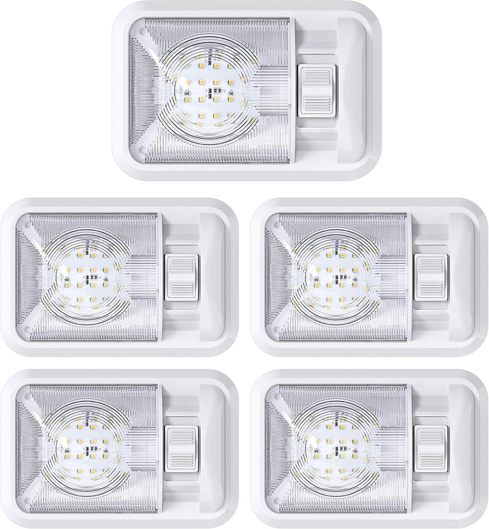 Leisure LED Pack of 5 12V Led RV Ceiling Dome Light RV Interior Lighting for Trailer Camper with Switch, Single Dome 300LM (Natural White 4000-4500K)