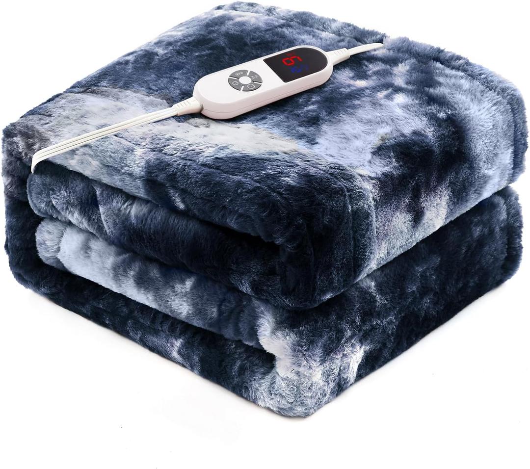 Electric Heated Throw Blanket 50"x60",Luxury Blue Faux Rabbit Fur Electric Blanket,Fast Heating Soft Fluffy Thick Electric Blanket with 6 Heating Levels & 12H Auto Off