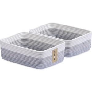 MiniArk Large Shallow Organizing Baskets 15x11x5.1 Inches - Rope Woven Storage Bins for Bathroom, Shelves, Cube Closet, Gradient Grey 2 Packs