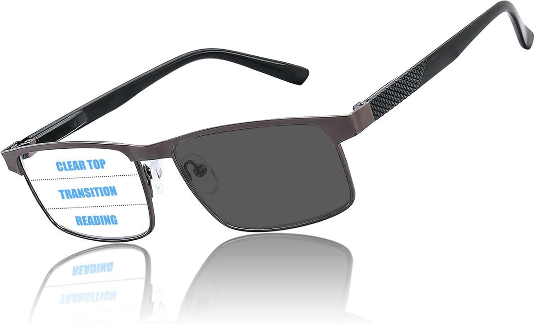 Mens Metal Frame, Progressive Multi focus Transition Reading Glasses with Blue Light Blocking and Spring Hinge 