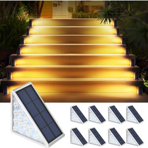8PK Solar Step Lights, Outdoor Decor Stair Lights Deck Light Waterproof IP67 Solar Lights for Deck, Yard, Patio, Garden, Walkways, Front Door, Pathway, Driveway, Porch (Warm White)