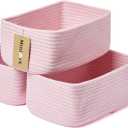 Small Storage Baskets for Organizing | Closet Organizer Bins | Shelf Toy Basket | Woven Rope Baskets | Cube Decorative Box | Shallow Basket | 11.5x7.5x4.7 | 3 Packs Pink