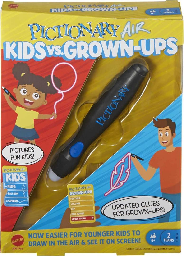 Mattel Games Pictionary Air Kids Vs. Grown-Ups Family Game for Game Night with Light Pen and Clue Cards, Connect to Smart Devices