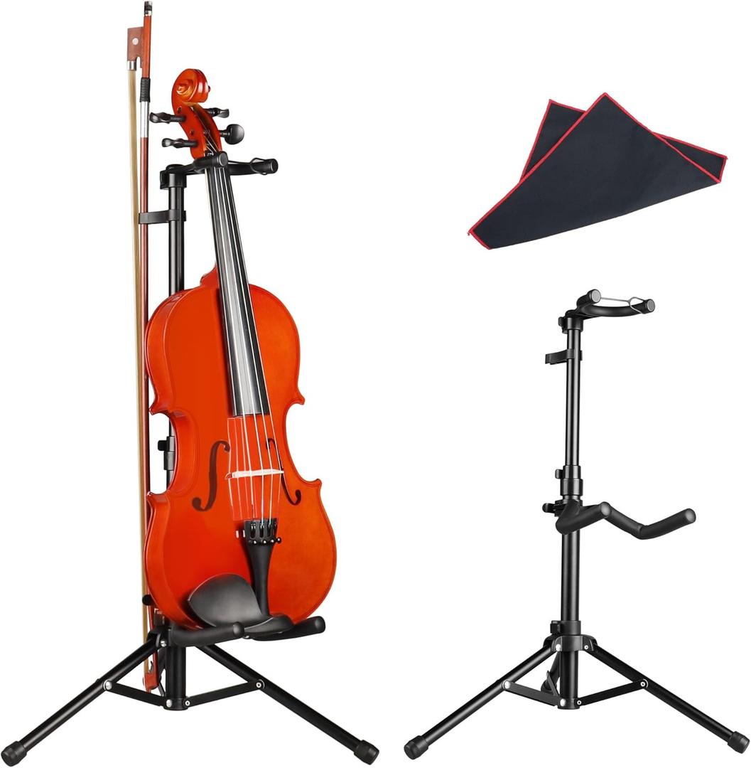 Mr.Power Universal Violin Ukulele Stand with Bow Holder, Head Locking Instrument Tripod Holder for Mini Guitar, Fiddle, Mandolin Soprano Concert Tenor Ukulele, for Home School Studio Churches Display