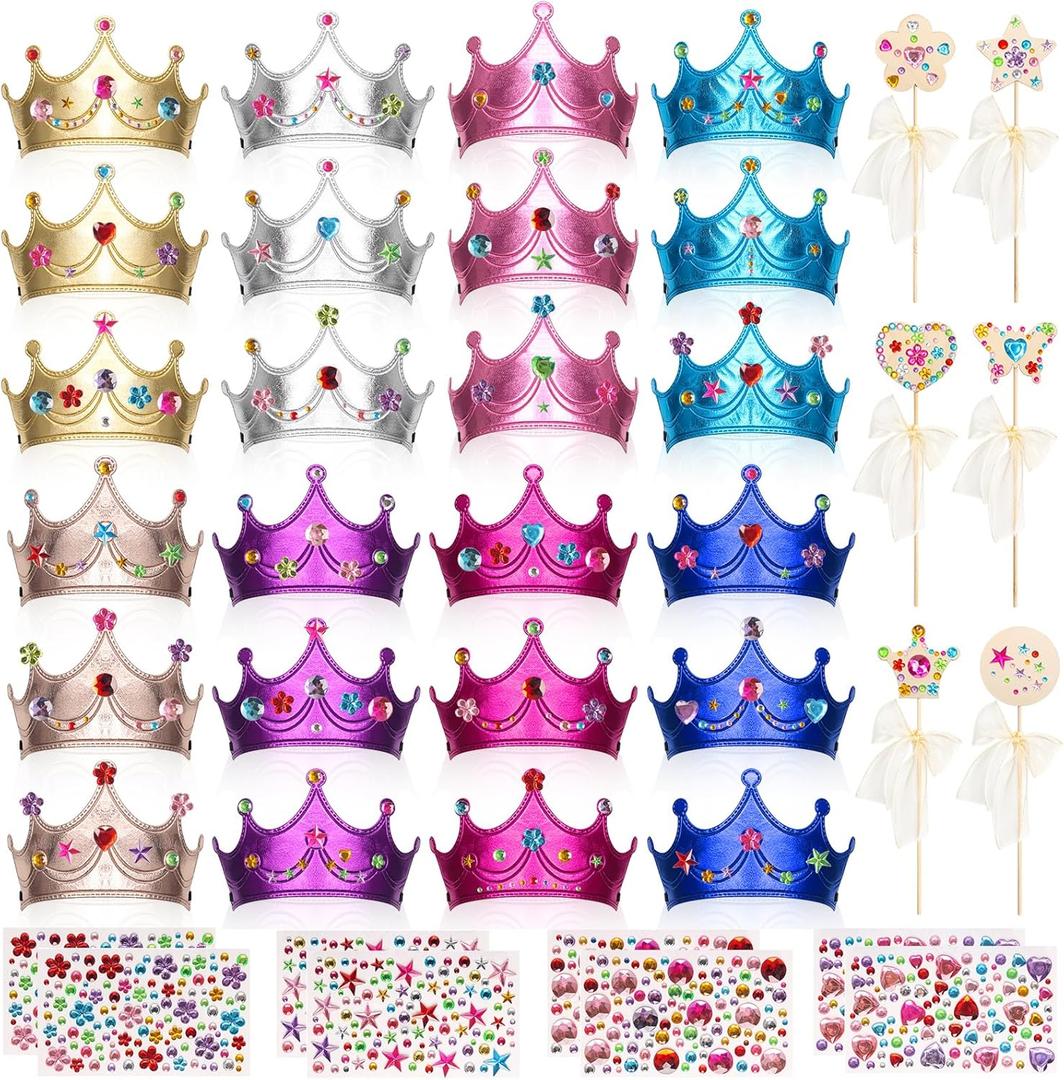 Hoedia 24+37Pcs Foam Crowns Set, Princess Tiaras and Foam DIY Crowns for Kids to Decorate for Birthday Party Crowns Favors with 24 Foam Crowns, 24 Wooden Wands, 12 Rhinestone Stickers,1 Silk Ribbon
