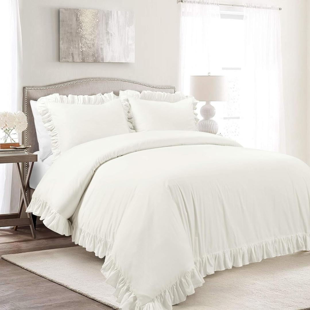 Lush Decor Reyna Ruffle Cotton Duvet Cover Set 3 Piece Set Full/ Queen, White - Queen Size Bedding Set - White Duvet Queen- Ruffled Bedding - Coquette Decor