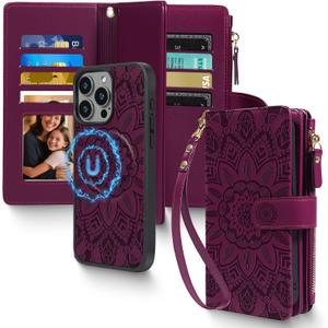 2 in 1 for iPhone 14 Pro Max Wallet Case Magnetic Compatible with Magsafe RFID Blocking Card Holder Detachable Phone Cover Zipper Purse Kickstand Wrist Strap for Men Women 6.7" 2022 Floral Burgundy
