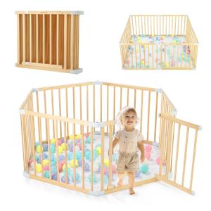 Wooden Playpen with Door, Changeable & Expandable Play Fence for Toddlers, Large Wood Playpen Safety Baby Gate Playard, Safe Play Area Kids Activity Center Indoor Outdoor(26" Tall, 6-Panel)