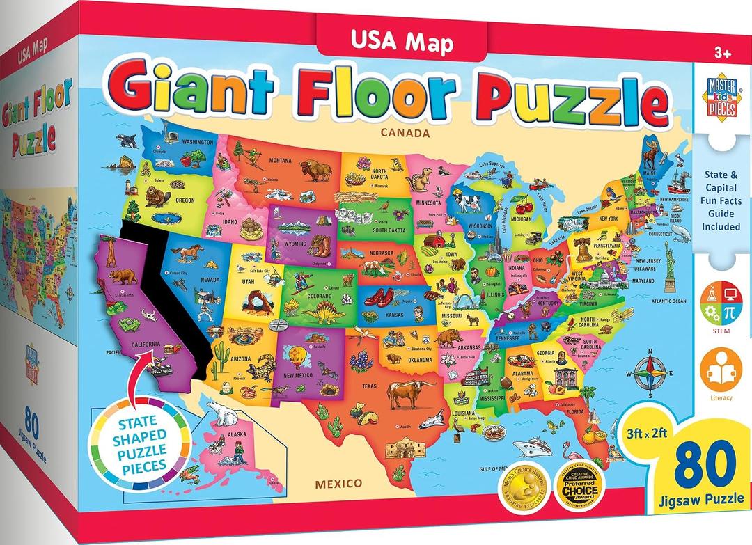 MasterPieces Floor Puzzle - Jumbo Size 80 Piece Jigsaw Puzzle for Kids - USA Map Shaped Puzzle - 3ftx2ft