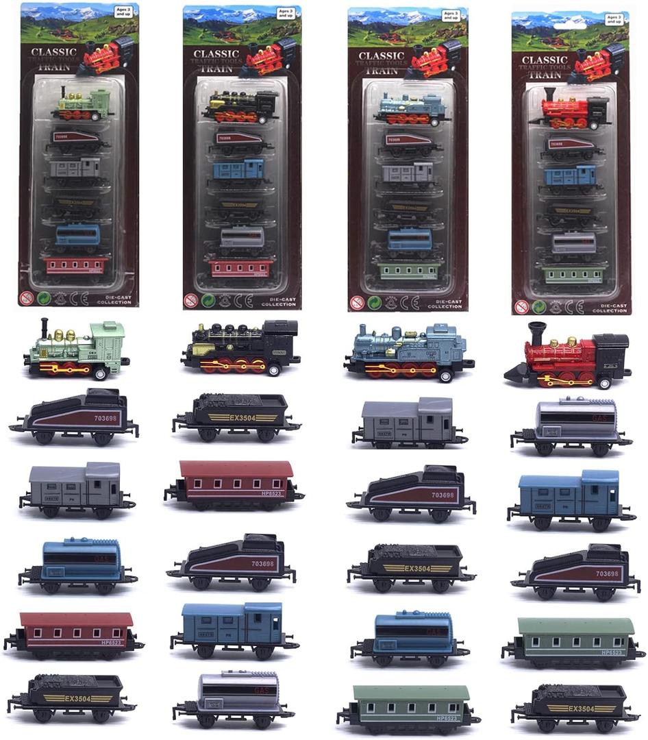 CORPER TOYS 4 Packs (24 Pieces) Pull Back Model Diecast Mini Train Toys Playset for 3 4 5 6 Year Old Boys Girls, Steam Train with Linkable Cars for Birthday Gifts