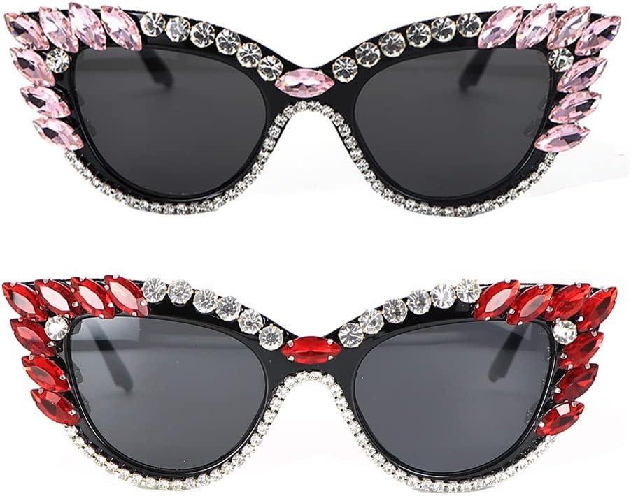 Retro Cateye Sunglasses for Women UV400 Protection Cat Eye bling rhinestone Sun Glasses ((2 Pack ) Pink+red)