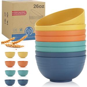 8Pcs Unbreakable Cereal Bowls Set, 26 Oz Wheat Straw Bowls Set, Microwave & Dishwasher Safe Rice Bowls for Kitchen, Reusable Plastic Bowls for Soup, Salad and Snack, BPA Free, Navy blue,Green,Yellow,Orange