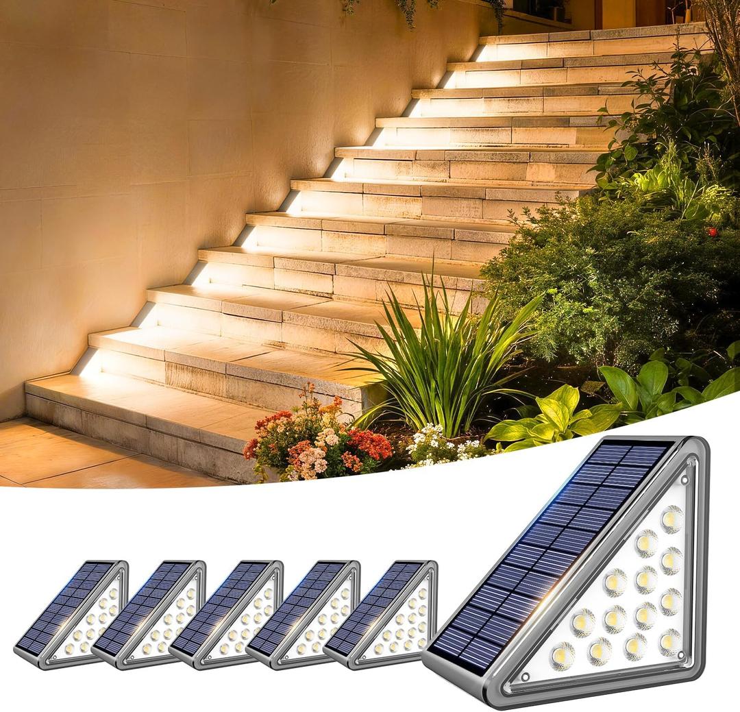 Solar Step Light Outdoor Stair Lights, Deck Lights Outdoor Powered IP65 Waterproof, 3000K Warm White Solar Outdoor Step Light, Decor for Stair, Deck, Step, Porch and Outside Patio, 6 Pack